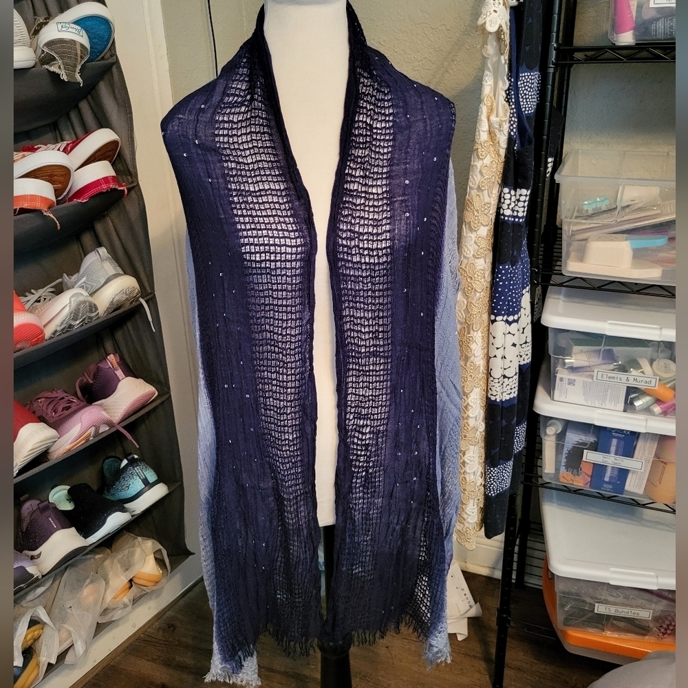 Two-Tone Blue Knit Lightweight Wrap with Crystals & Fringe, One Size